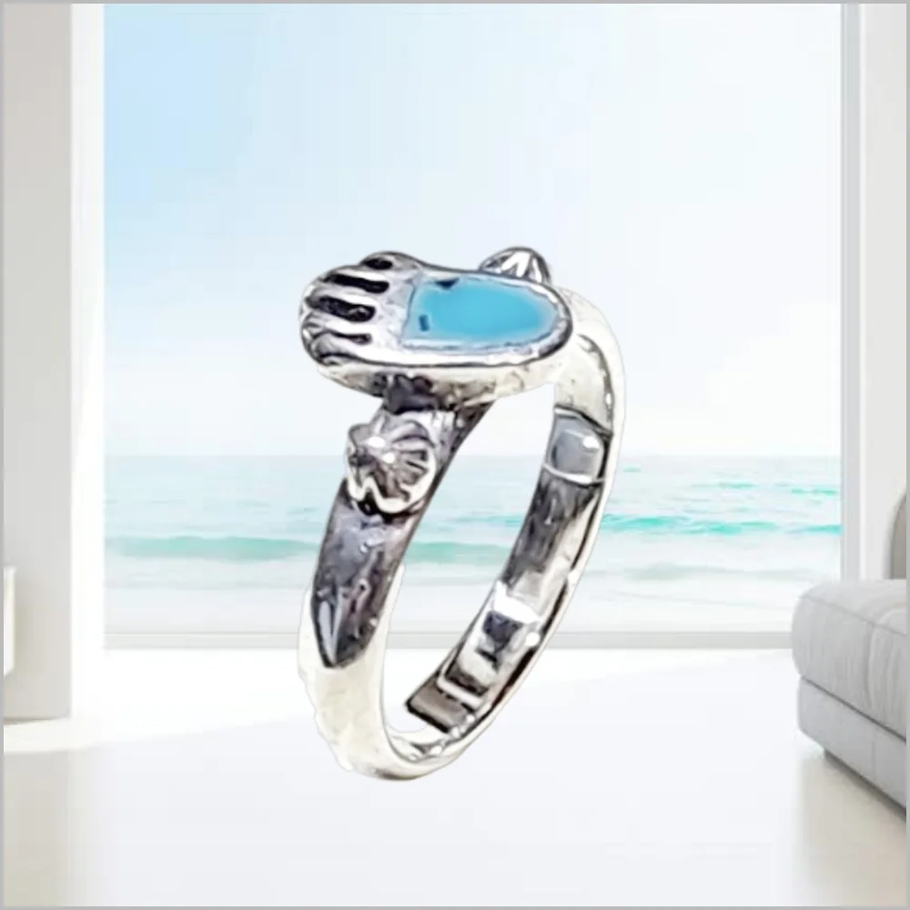 Sterling Silver Ring with Mini Bear Turquoise Paw. Size 2.5